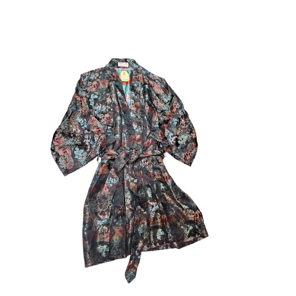 Vtg Longevity Chinese Kimono Robe Deadstock Size M Womens Oriental Pagoda Black